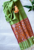 OMVAI Spring Bloom Border Summer Stole Modal Silk Fern Green with Orange Border