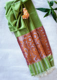 OMVAI Spring Bloom Border Summer Stole Modal Silk Fern Green with Orange Border