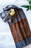 OMVAI Spring Bloom Border Summer Stole Modal Silk Blue with Brown Border