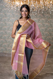OMVAI Temple Border Organza Silk  Stole / Dupatta - Pretty Pink