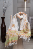 OMVAI Ornamental Flower Hand Block Printed Kota Doria Checks Stole / Dupatta - White Ochre