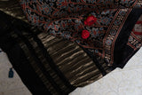 OMVAI Bel Sundari Hand Block Printed Premium Modal Stole with Zari Border - Black